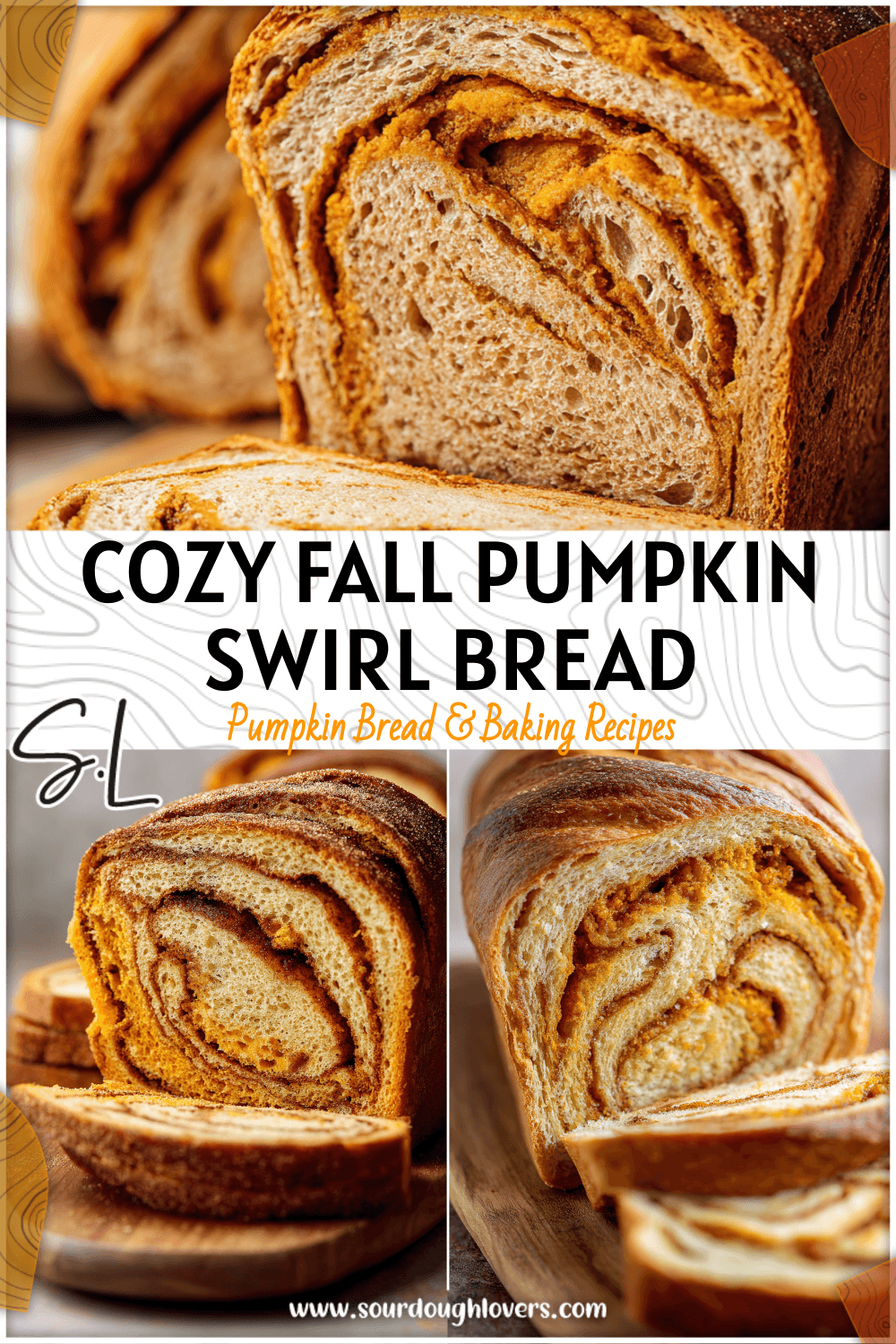 Golden Pumpkin Cinnamon Swirl Sourdough Loaf sliced on a wooden board showing its soft cinnamon layers. 2